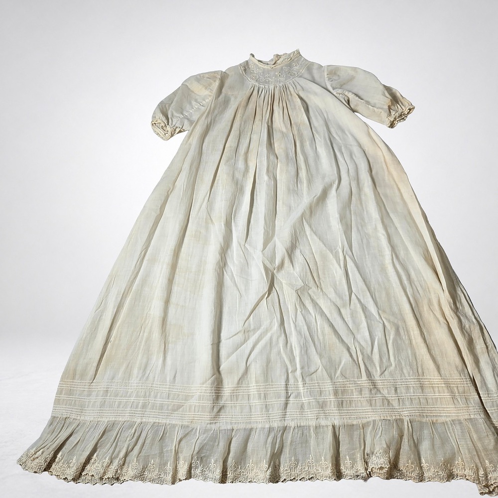 Vintage Christening Gown Kids OS White Fair Embroidered Lace Antique Dress